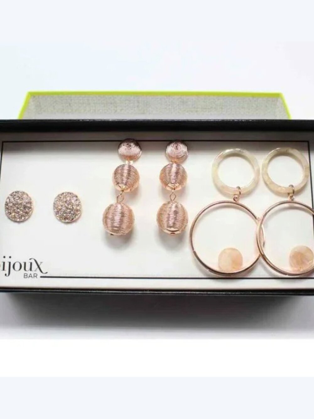 Bijoux Bar 3 Pair Rose Gold Tone Earrings Posts & Drops Crystal & MOP Gift Boxed